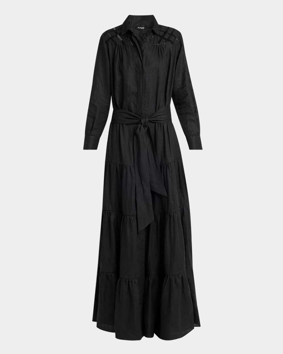 Beaded Long-Sleeve Tiered Linen Maxi Shirtdress